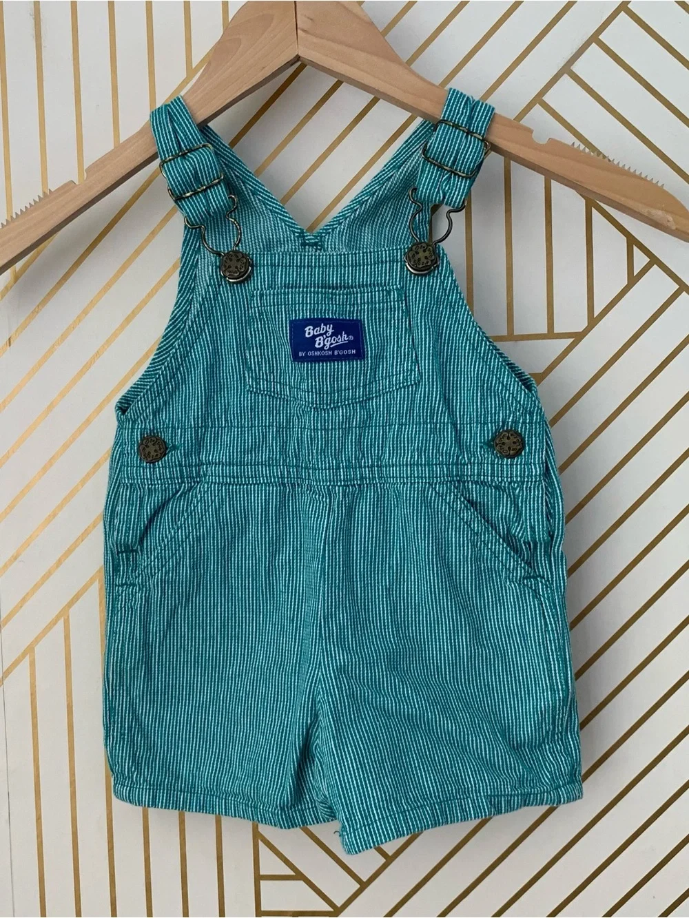 OshKosh B'gosh vintage 100% Cotton Hickory Stripe Vestbak Overall Teal White 18M